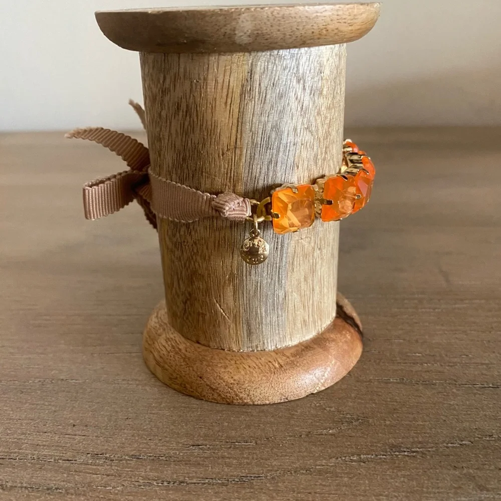NWOT J Crew Crewcuts coral gemstone inset in gold & brown ribbon girl’s bracelet